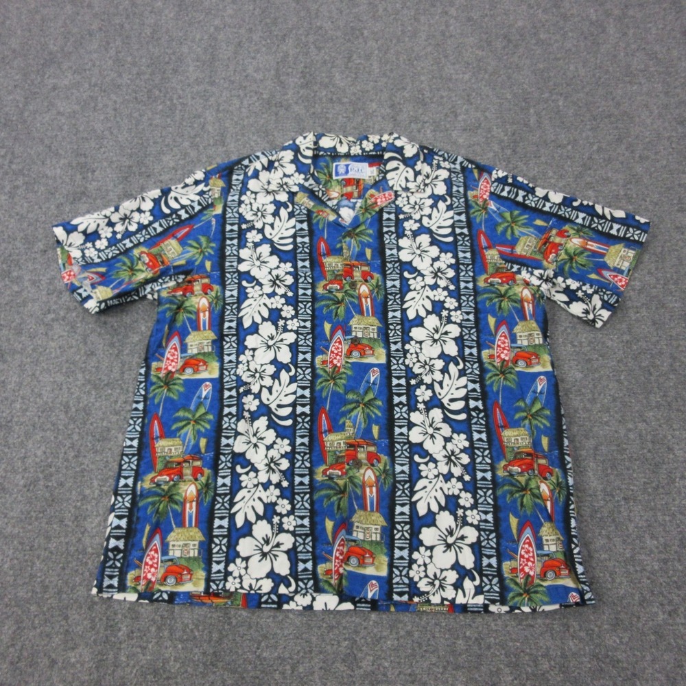 Vintage Hawaiian Shirt RJC Mens XL Blue Floral Rayon Short Sleeve Button Front